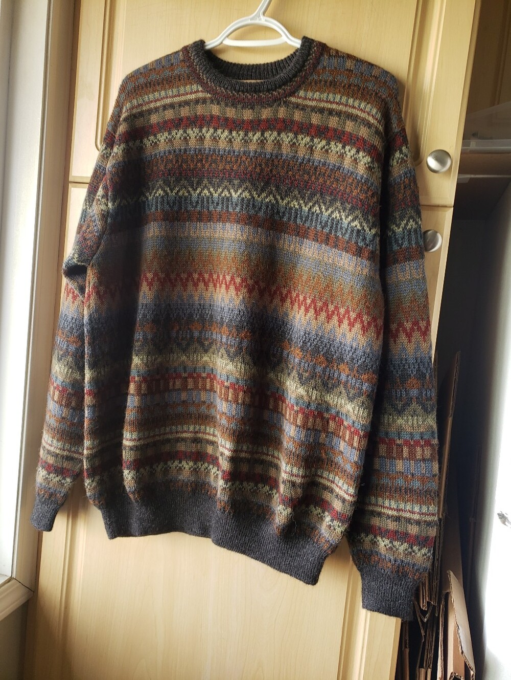 Men's Fair Isle Crewneck Grandpa Sweater in Brown Multi-Color